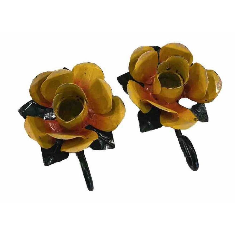 Vintage PIER ONE Metal Candle Holders Yellow Roses Made In‎ India Tapers 5”x4”